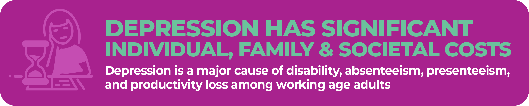 Depression has significant individual, family & societal costs. Depression is a major cause of disability, absenteeism, presenteeism, and productivity loss among working age adults.